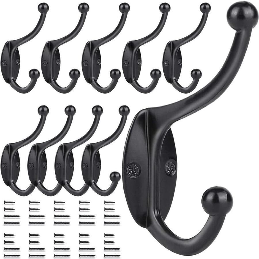 Zwarte Muur Kapstokhaken Heavy Duty Wandhaken van Zinklegering (10 Stuks) Roestvrije Deurhaken voor Kleding en Jassen