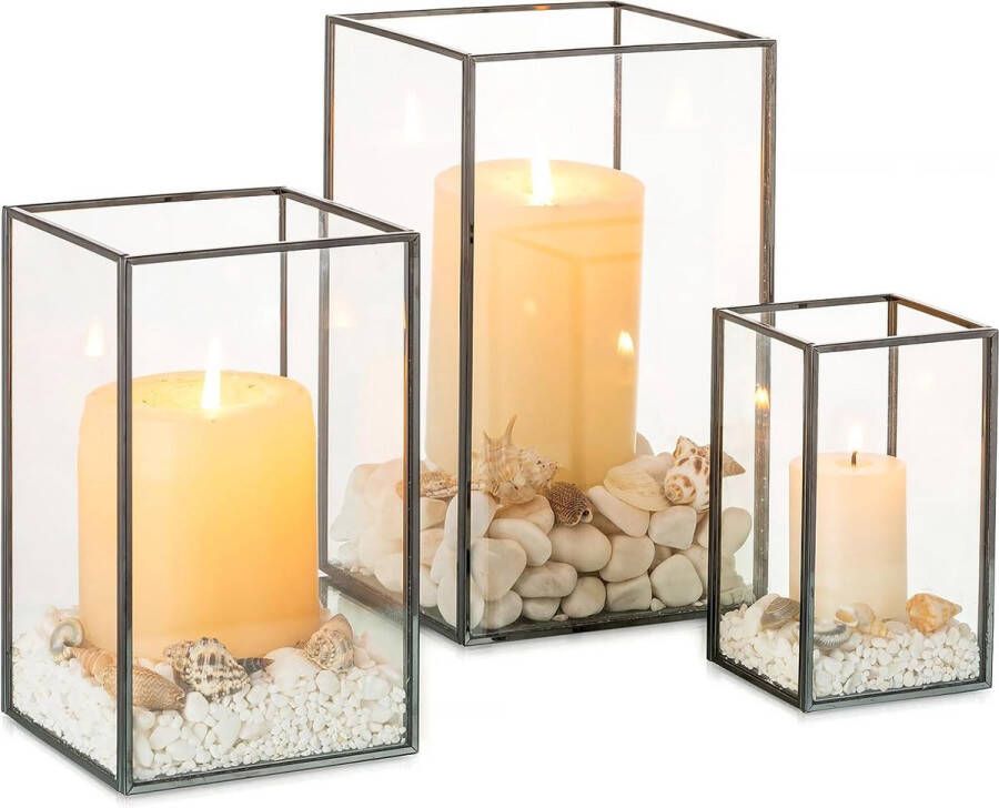 Zwarte Orkaan Lantaarn Glas: Set van 3 Vierkante Pilaar Kaars Houder Gehard Glas Buiten Schoorsteen Binnen Woonkamer Eetkamer Schoorsteenmantel Kerst Tafel Centrepieces