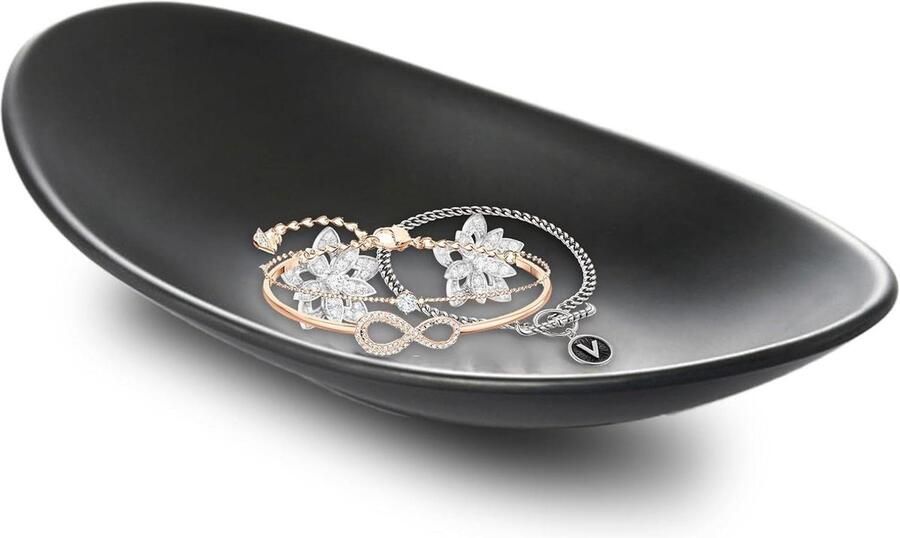 Zwarte ovale decoratieve tafel sieradendienblad sieradenschaal cosmeticadienblad melamine bord fruitschaal snoepschaal dinerbord sleutelschaal sieradenschaal munten schaal badkamer decoratie (25 x 13 x .)