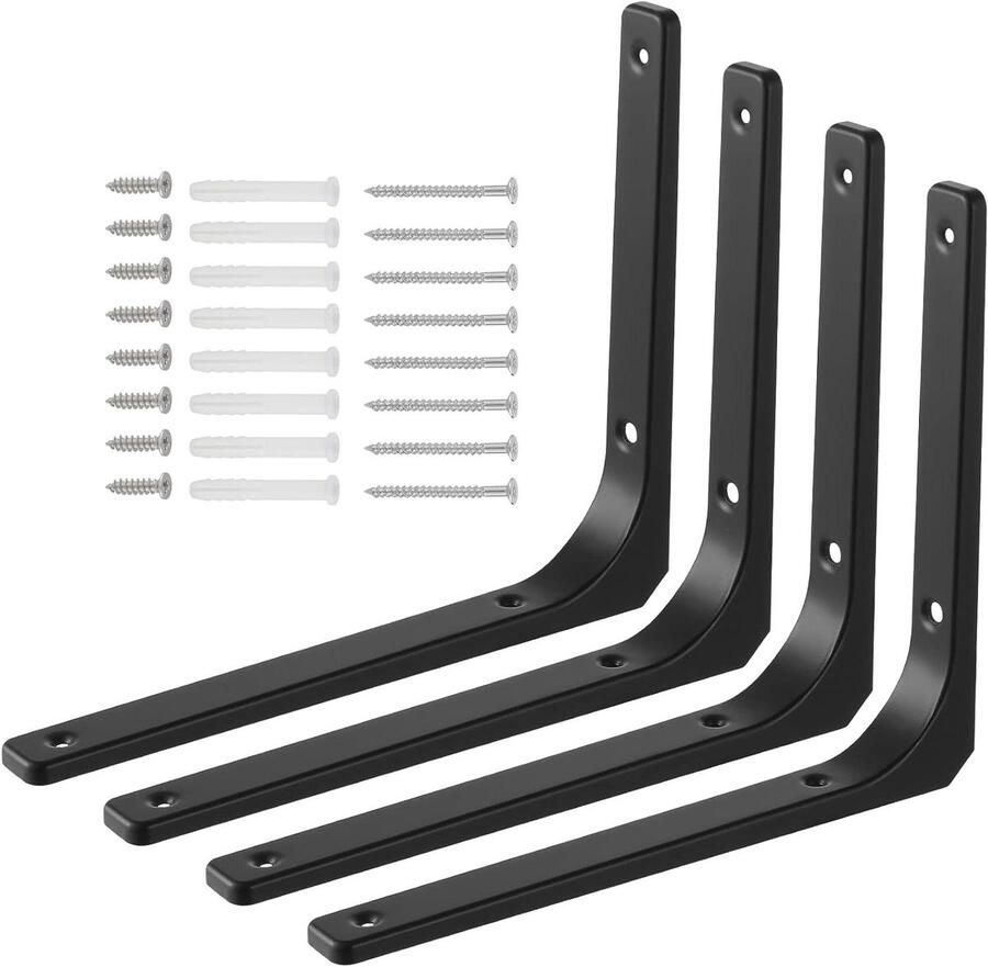 Zwarte plankhouders set van 4 stuks afmetingen 20 x 25 cm inclusief bevestigingsmateriaal. Geschikt voor planken. Perfect voor thuisgebruik