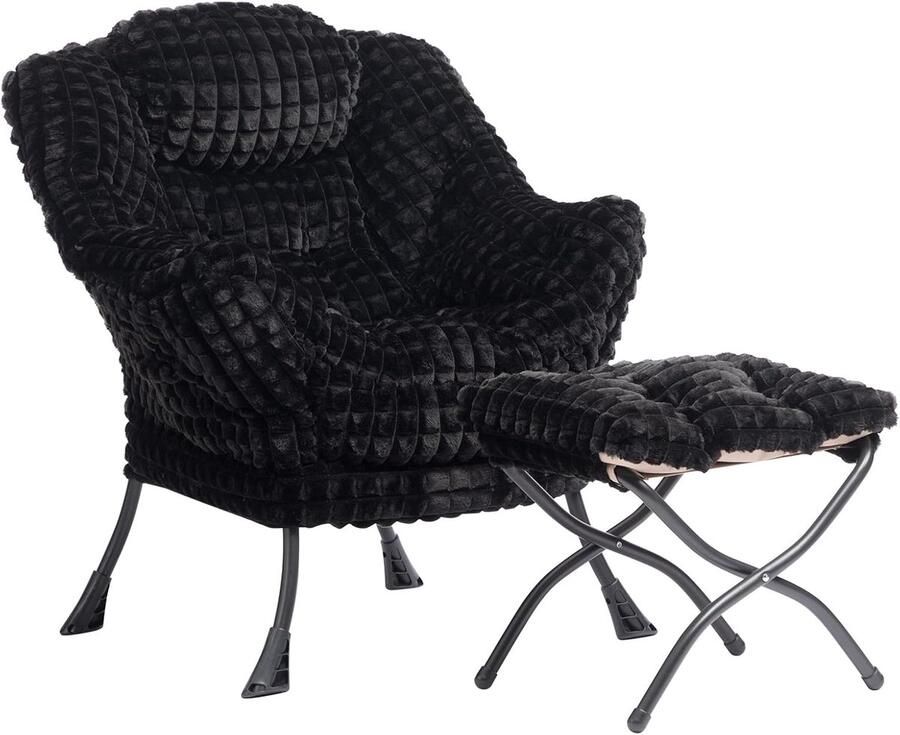Zwarte relax fauteuil met voetenbank Pluche loungestoel Stalen frame voor maximale stevigheid