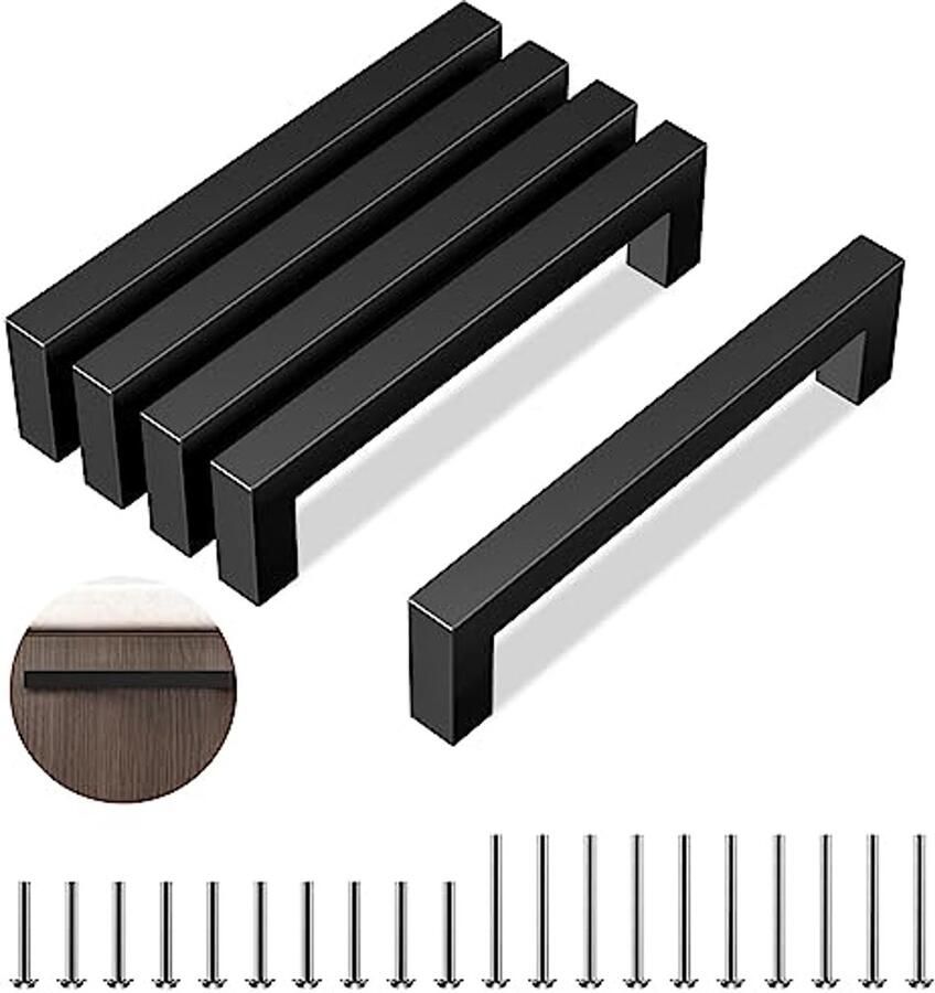 Zwarte roestvrijstalen meubelgrepen voor keukenkasten 128 mm gatafstand set van 5 met schroeven