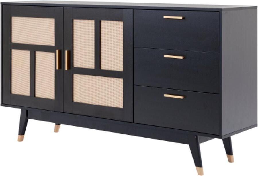 GOTAGEE zwarte rotan kast multifunctionele opbergkast 2 rotan deuren 3 laden buffet gouden decoratie 160*40*87cm