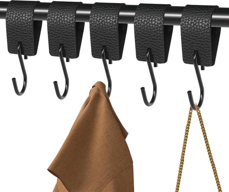 Zwarte S-haken met lederen lus 5 stuks Garderobe Kledinghaken Multifunctioneel Campinghaken Kledingstang Keuken Badkamer
