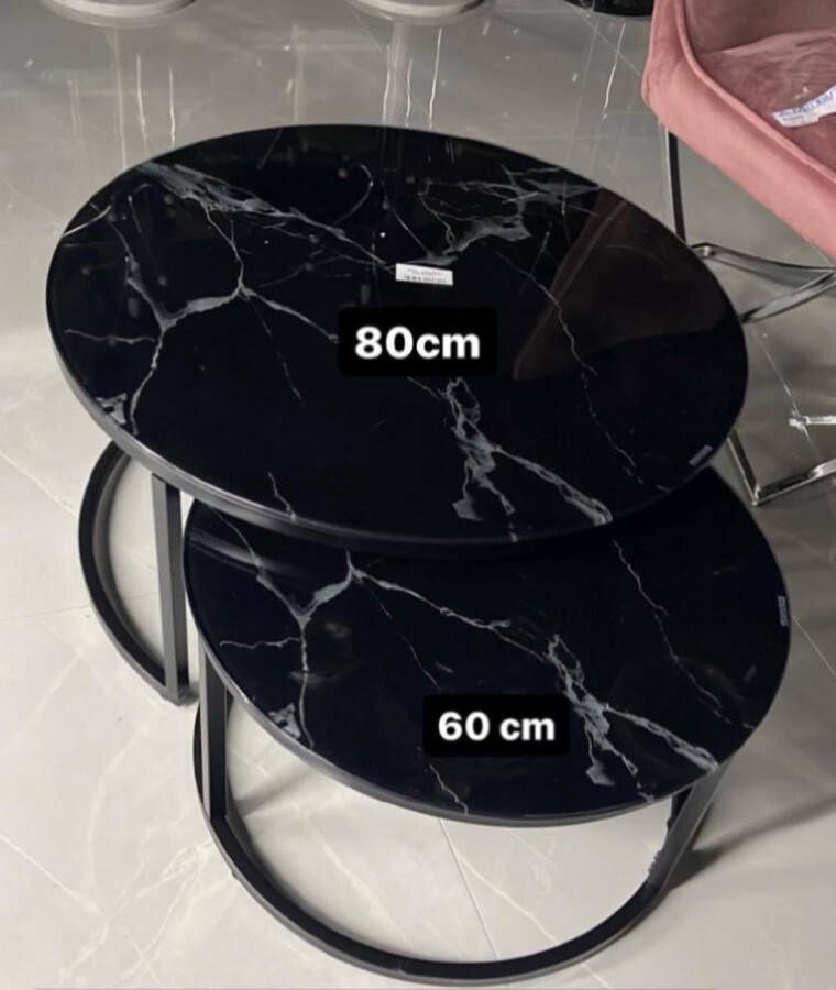 Zwarte Salontafel Rond Marmerlook Glazen Tafelblad Metalenframe ø 80 x ø 60 cm – Set van 2- Modern