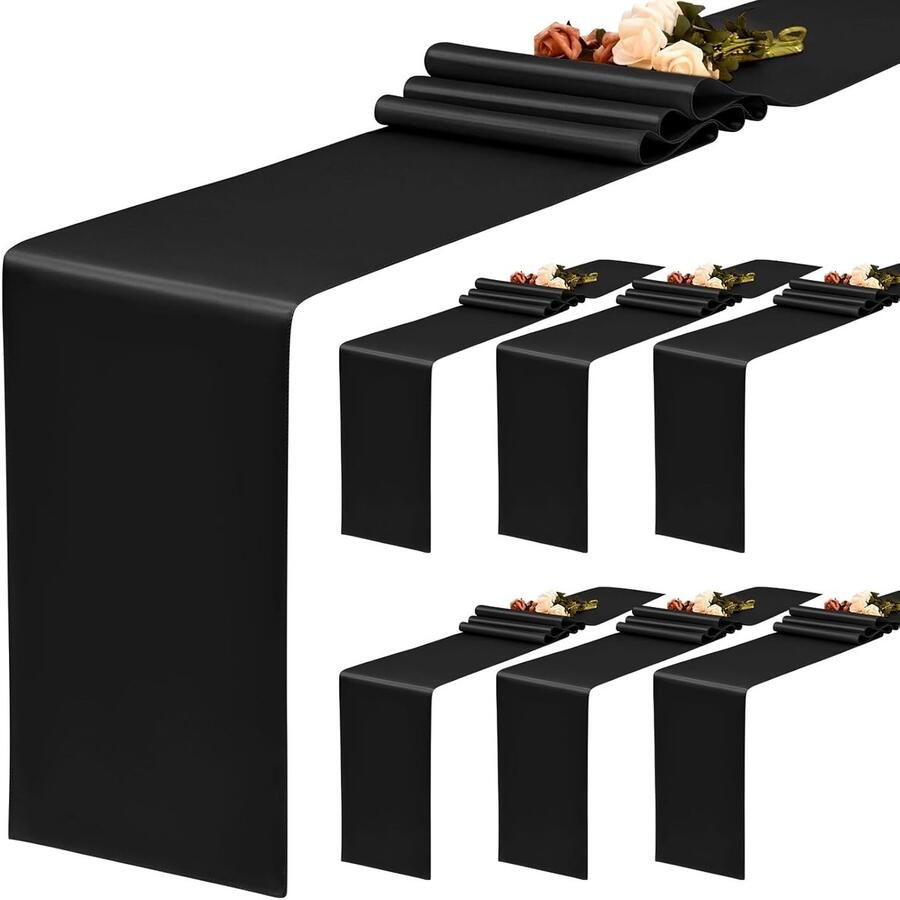 Zwarte satijnen tafelloper stijlvolle decoratie set van 6 30 x 183 cm