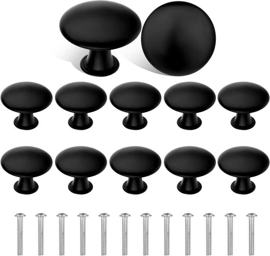 Zwarte set van 12 kastknoppen met schroeven voor nachtkastje en dressoir