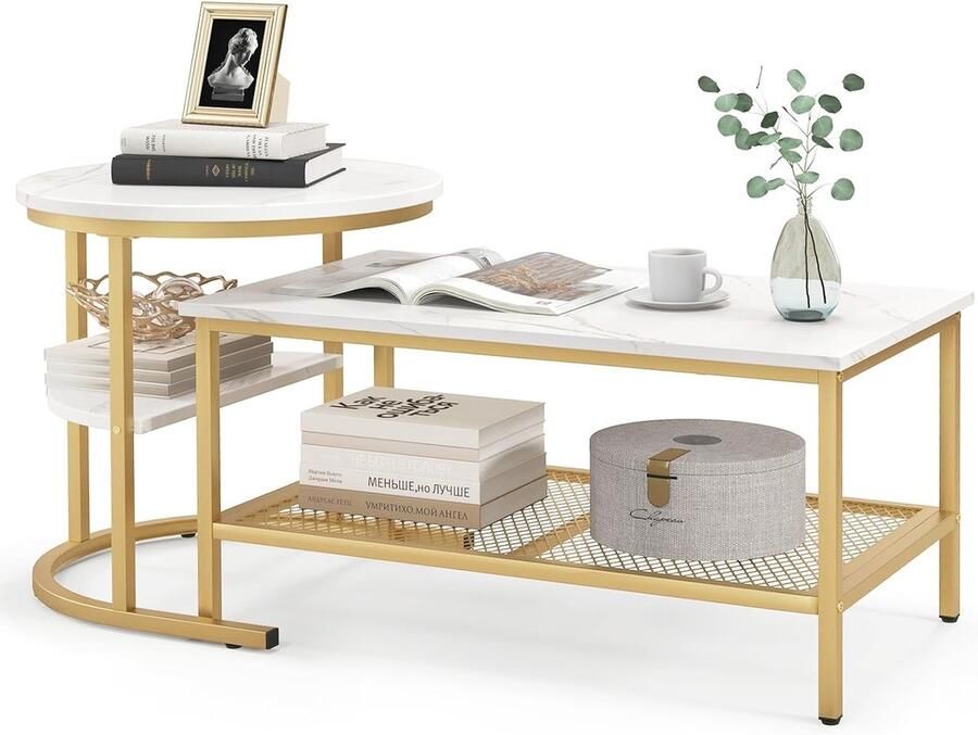 Zwarte set van 2 salontafels Marmerlook blad + metalen frame Stapelbaar en modern