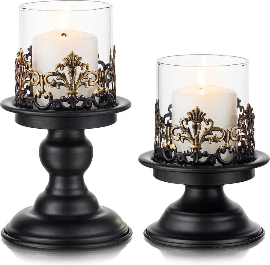 Zwarte Shabby Chic Pijler Kaarshouder Set voor Tafels Gotische Kandelaar Houder Rustieke Glazen Orkaan Kaarshouders Centerpieces voor Schoorsteen Open Haard Diner Bureau Tafelblad Ornament
