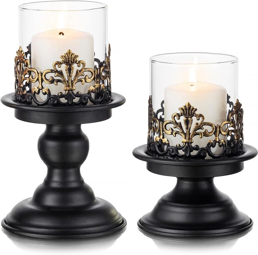 Zwarte Shabby Chic Pijler Kaarshouder Set voor Tafels Gotische Kandelaar Houder Rustieke Glazen Orkaan Kaarshouders Centerpieces voor Schoorsteen Open Haard Diner Bureau Tafelblad Ornament