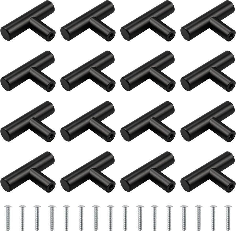 Zwarte T-vorm meubelknoppen 16 stuks Roestvrij staal 12 x 50 mm