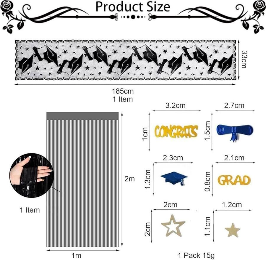 Zwarte Tafelloper met Confetti en Regengordijn Perfect voor Afstudeerfeest 1 stuk Doek