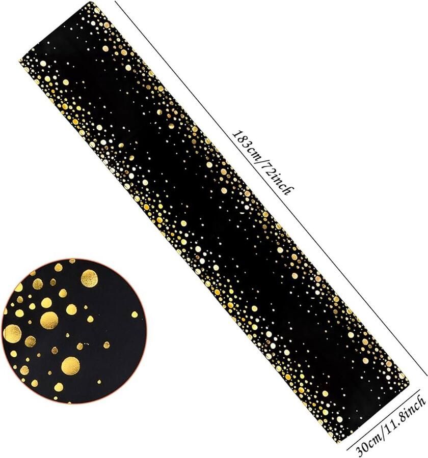 Zwarte tafelloper met gouden stippen 30 x 183 cm polyester