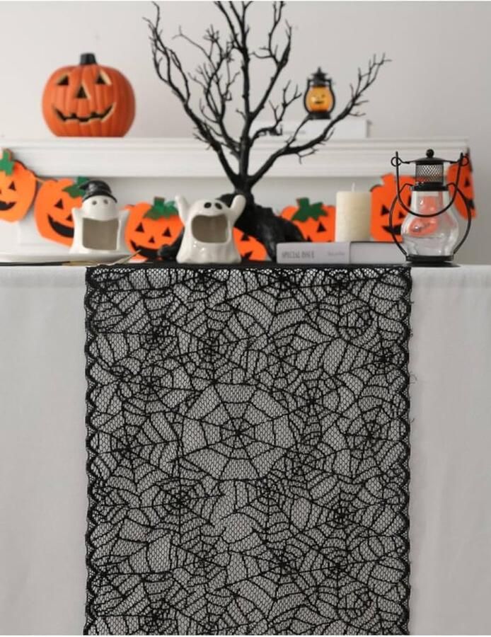 Zwarte Tafelloper met Spinnenweb Halloween Decoratie 1 stuk Polyester 30 x 150 cm