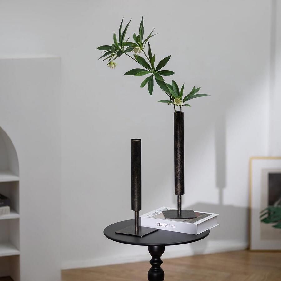 Zwarte vaas met enkele steel 39 5 35 cm hoge grote bloemenvaas set van 2 moderne metalen vazen ​​voor pampasgras kunstbloemen takken Scandinavische minimalistische vazen ​​voor tafel woonkamer woondecoratie