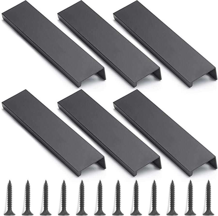 Zwarte verborgen kastgrepen voor kledingkast slaapkamer Set van 6 Aluminium deurgrepen met schroeven Midden gat 96 mm cabinet handle black