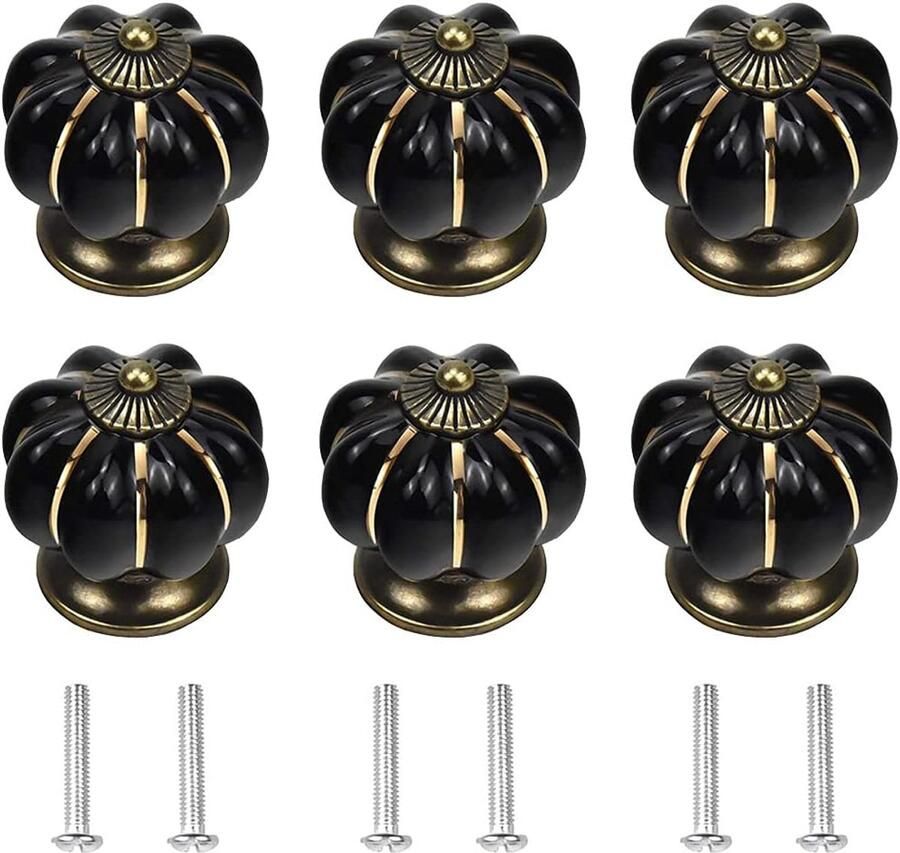 Zwarte vintage meubelknoppen Keramiek 6 stuks