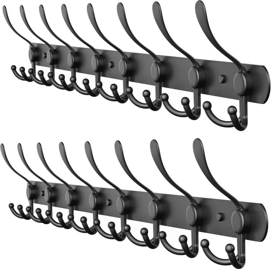 Zwarte Wandkapstok met 8 Haken Roestvrijstalen Wandhouder voor Kleding en Hoeden Set van 2