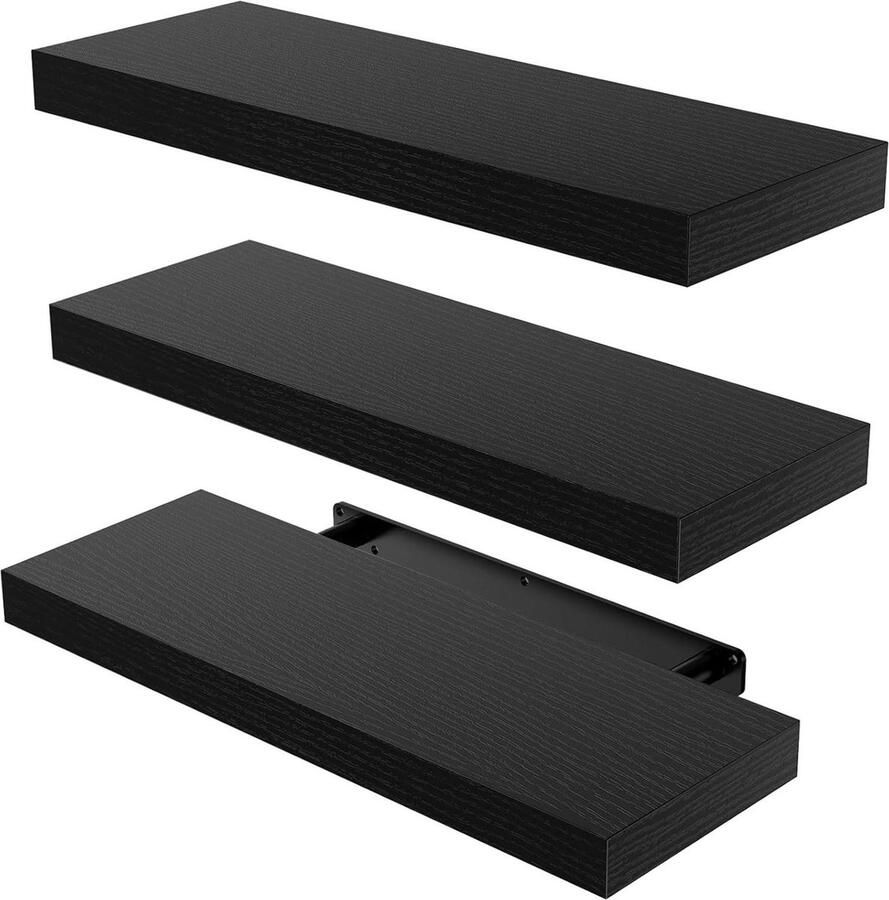 Zwarte houten wandplank 3 niveaus lengte 38 cm slaapkamer kantoor woonkamer