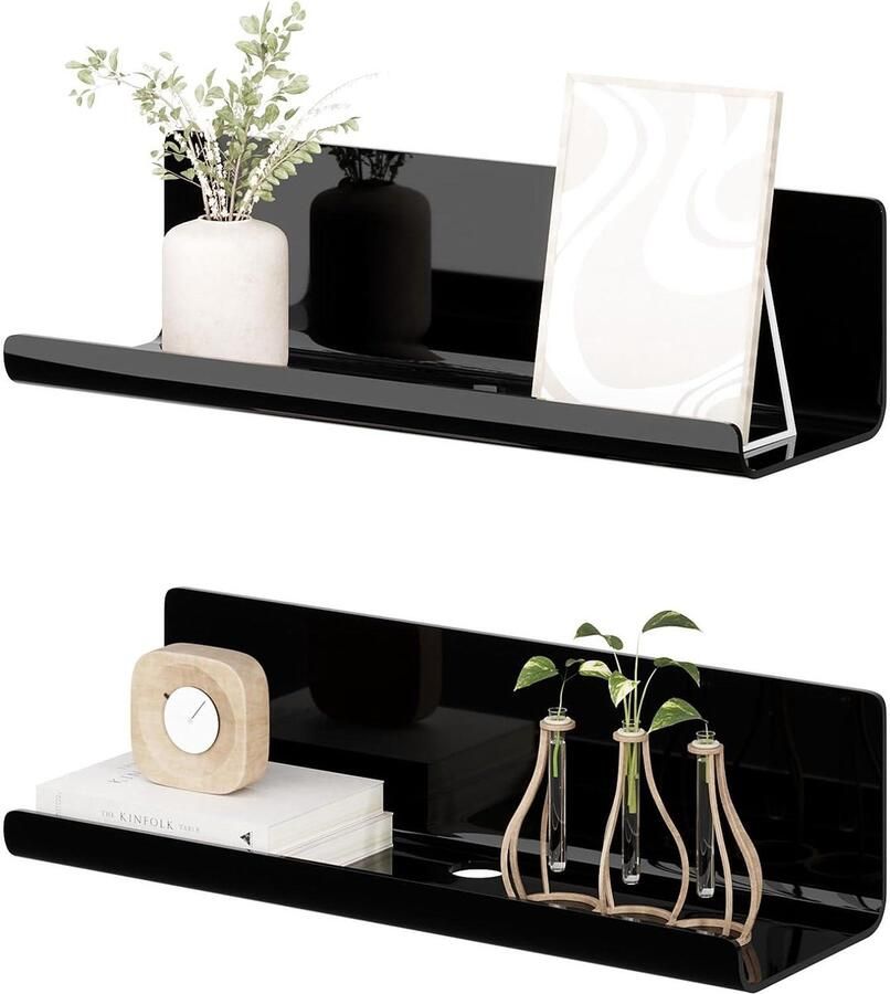 Zwarte wandplank set van 2 acryl wandrek met rond draadgat zwevend rek voor keuken badkamer kabelclips 30 x 10 x 8 cm