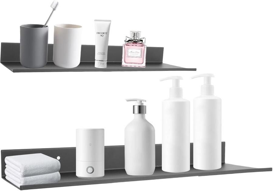 Zwarte Wandplank Set van 2 Zwevend Rek voor Douche Badkamer en Woonkamer Zonder Boren Metalen Decoratie