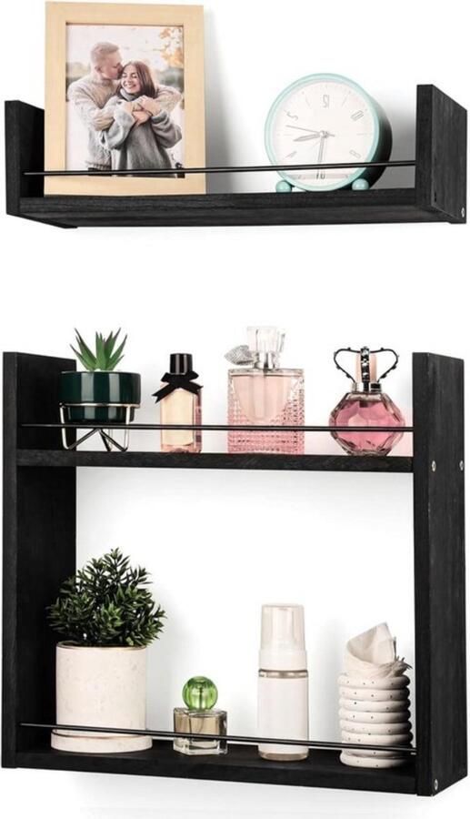 Zwarte wandplank zwevend Wandrek voor keuken en woonkamer Set van twee Zwart Hout