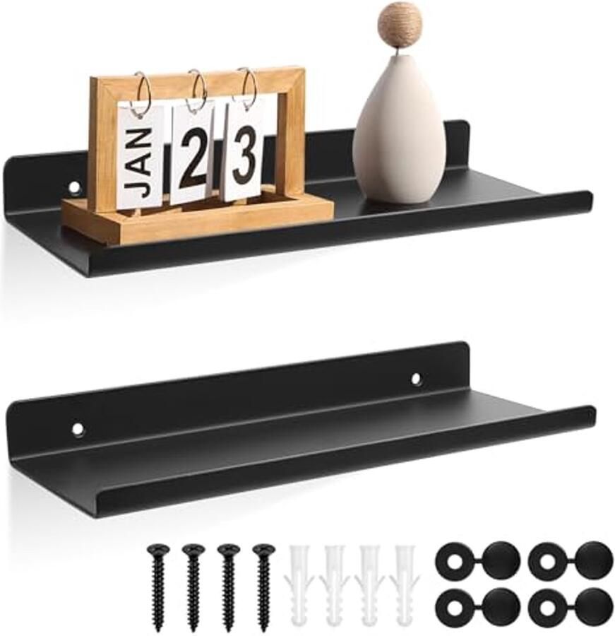 Zwarte Wandplanken Set van 2 Zwevende Planken voor Woonkamer Badkamer en Keuken 30 x 12 x 3 5 cm