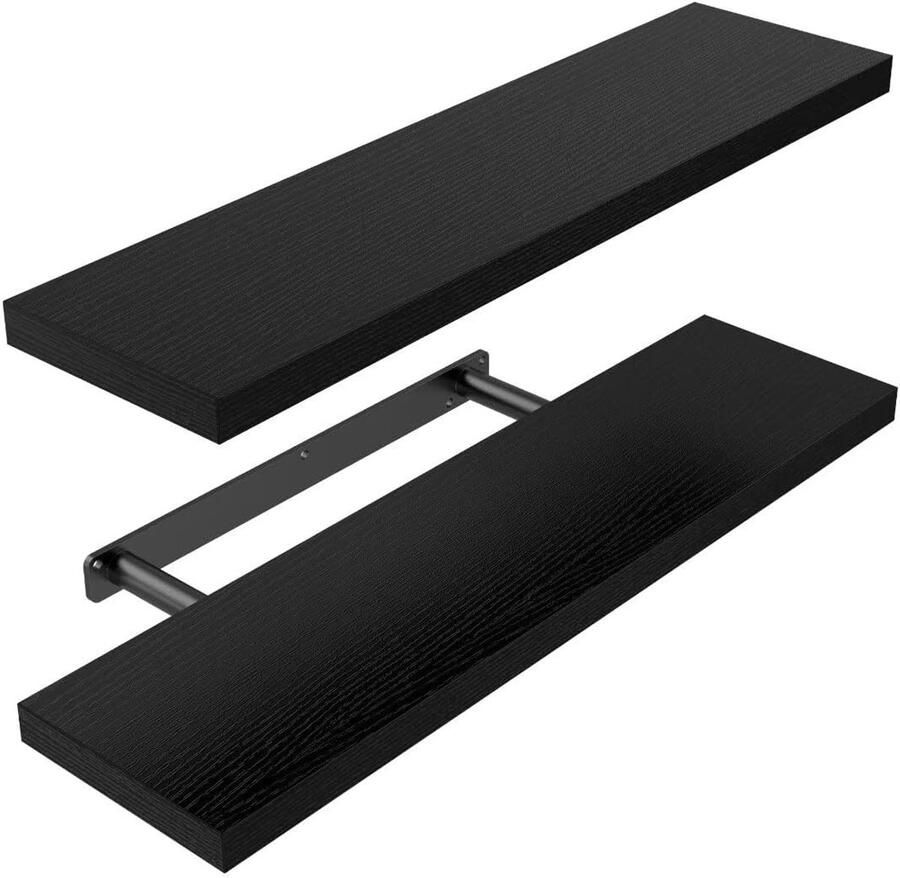 Wandrek van zwart hout decoratieve planken 2 stuks 60 cm