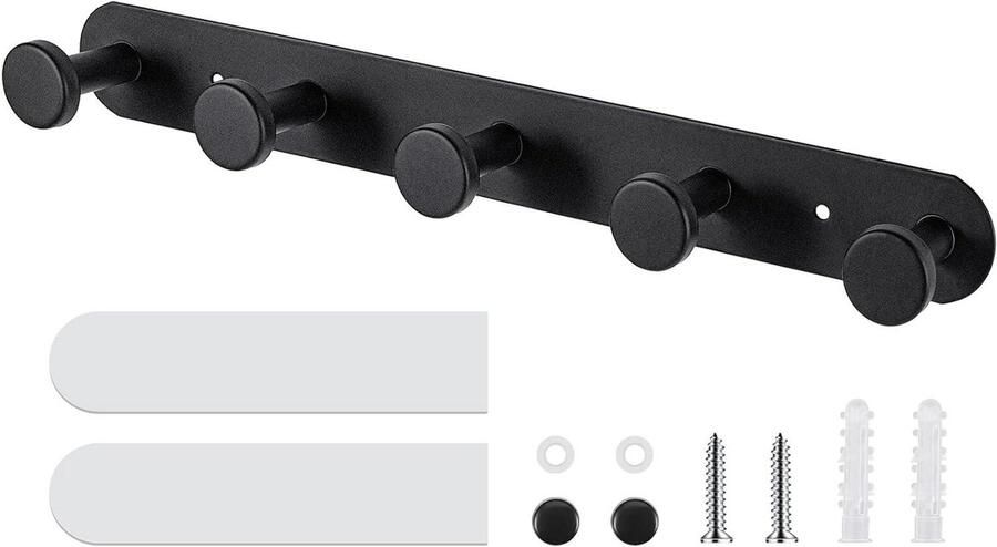 Zwarte Zware Jas Haken Met 5 Haken Zelfklevende Kapstok Muurhaak Strip Voor Badkamer Slaapkamer Woonkamer Deur