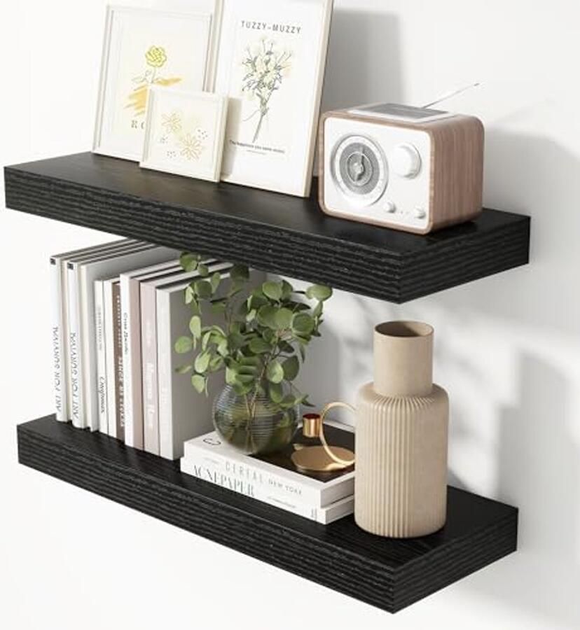 Zwarte Zwevende Planken Set van 2 24 Inch Wandplanken van Rustiek Hout