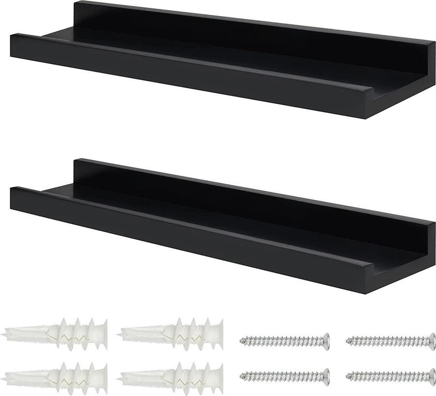 Zwarte Zwevende Planken Set van 2 Houten Muurgemonteerde Planken voor Woonkamer Slaapkamer Decoratieve Foto Plank Keuken Badkamer & Kantoor Opslag & Display Oplossing