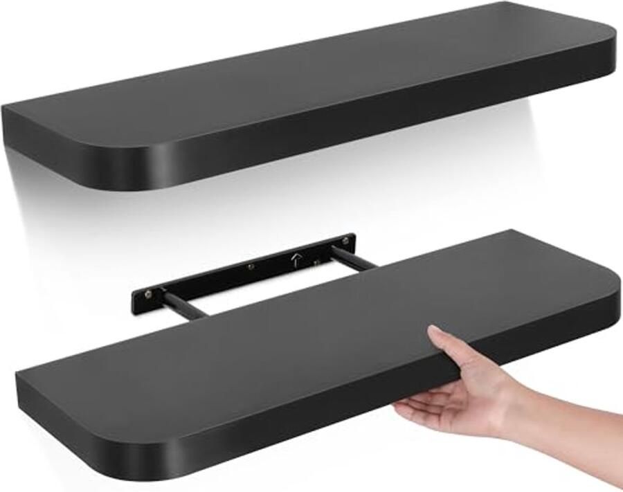 Zwarte Zwevende Planken Set van 2 – Moderne Wandplanken met Gebogen Randontwerp voor Badkamer Slaapkamer en Keuken
