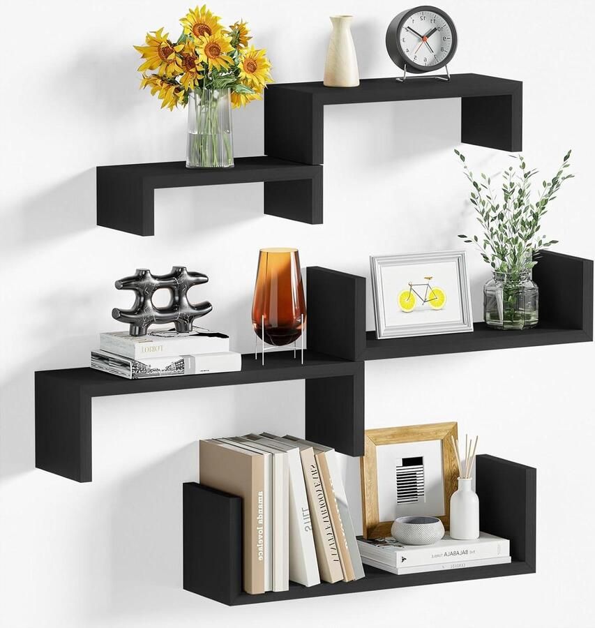 Zwarte zwevende wandplank set van 5 moderne decoratie voor woonkamer badkamer slaapkamer kantoor keuken veelzijdige doe-het-zelf-montagemogelijkheden