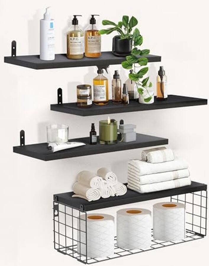 Zwarte Zwevende Wandplanken Set van 4 met Metalen Opbergmanden voor Badkamer Slaapkamer Woonkamer Keuken Thuiswerkplek