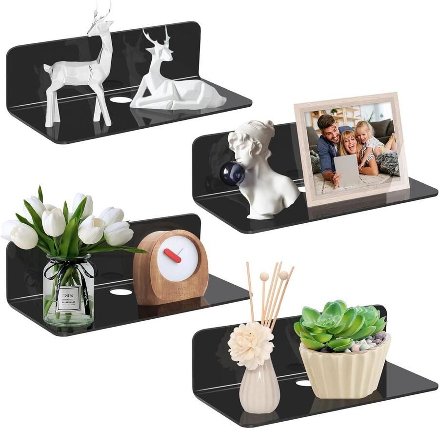Zwarte zwevende wandplanken zonder boren 23 cm Set van 4 rekken van acryl met draadgat Om te plakken voor badkamer kantoor woonkamer Wandplanken & -rekken