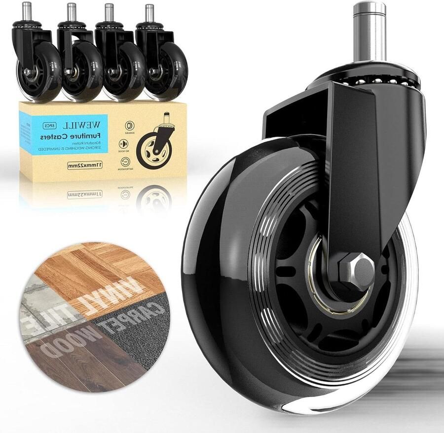 Zwenkwiel 11mm x 22mm 5 Stuks Rubber Wielen voor Bureaustoel Stille Draaistoelwielen Parketvloeren Laminaat Tegels Geen Krassen