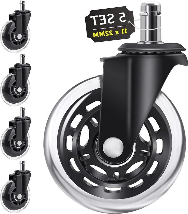 Zwenkwiel 11mm x 22mm 5 Stuks Vervangende Rubber Wielen voor Bureaustoel Stille Draaistoelwielen Zwenkwielen voor Parketvloeren Laminaat en Tegels