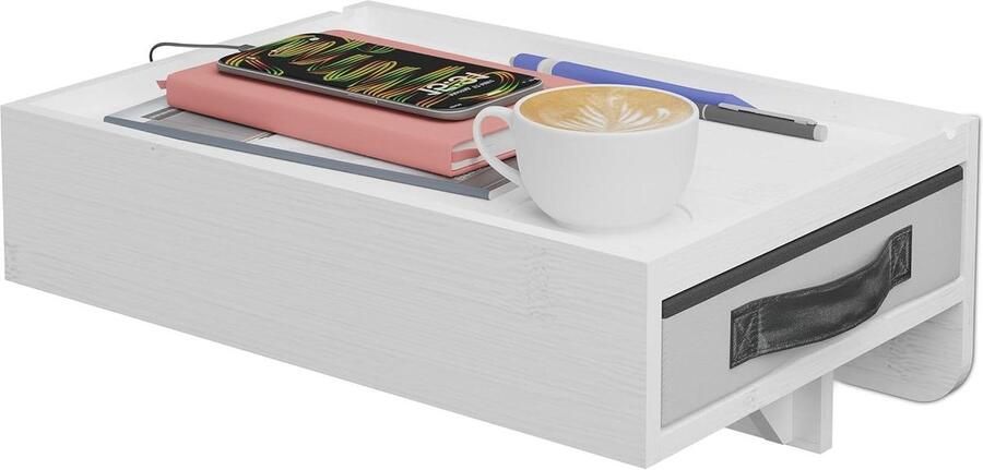 Zwevend bamboe nachtkastje HBD: 14x37x265 cm met lade en ruimte voor kopje wit bedplank hangend