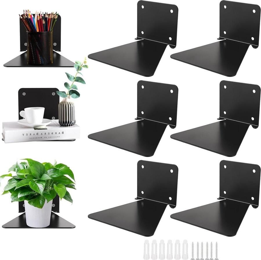 Zwevend Boekenrek 6 Stuks Onzichtbaar 13 x 13 x 8 cm Metaal Zwart Hangend Boekenkast Voor Boeken en Bonsai Decoraties