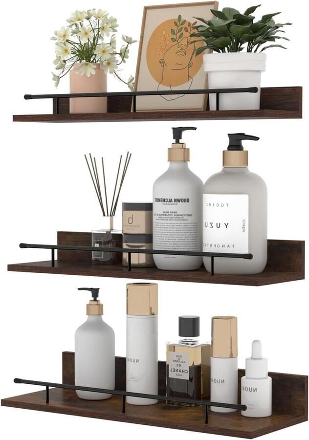 Zwevend bruin houten wandrek met zwarte metalen leuningen Set van 3 stuks in verschillende maten