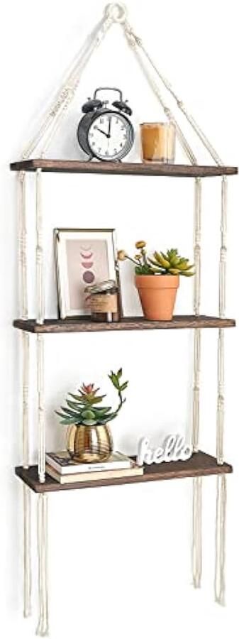 Zwevend houten wandrek met 3 niveaus van macramé met mooi geweven touw bohemien slaapkamerdecoratie voor badkamer slaapkamer woonkamer kinderkamer