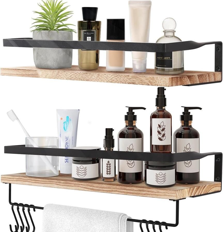 Zwevend Houten Wandrek met Handdoekhouder Set van 2 Rustieke Plank voor Slaapkamer Woonkamer Badkamer Keuken en Kantoor