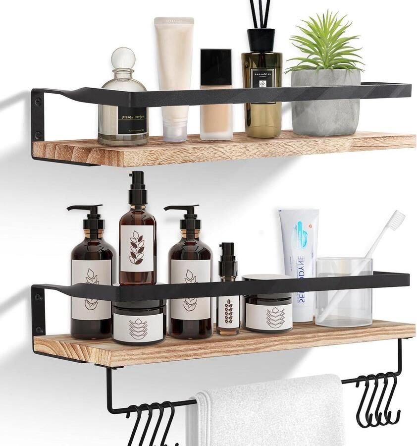 Zwevend houten wandrek rustiek handdoekhouder set van 2 lichtbruin slaapkamer woonkamer badkamer keuken kantoor Wandplanken & -rekken