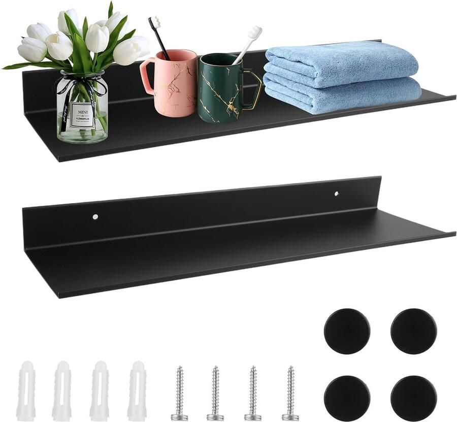 CLORD Wandplank Metaal Zwart Zwevende Plank en Hangrek zonder Boren Geschikt voor Badkamer en Decoratie (40 x 12 x 4 cm 2 Stuks)