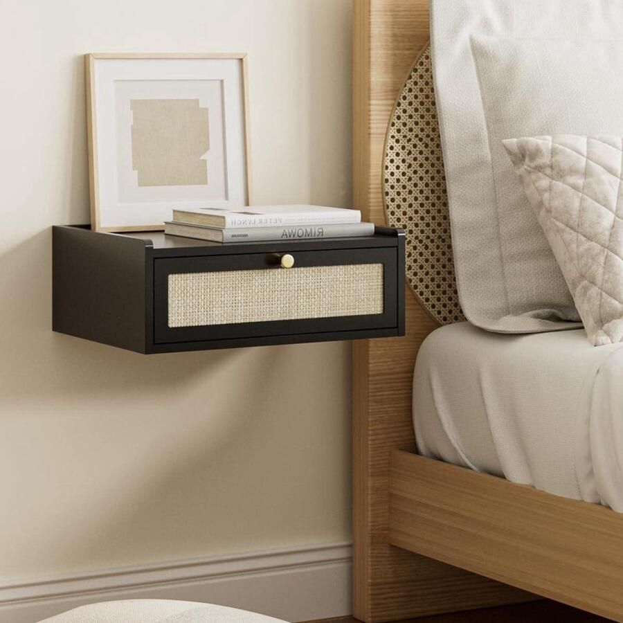 Zwevend nachtkastje met lade Modern design Zwevende planken Zwart