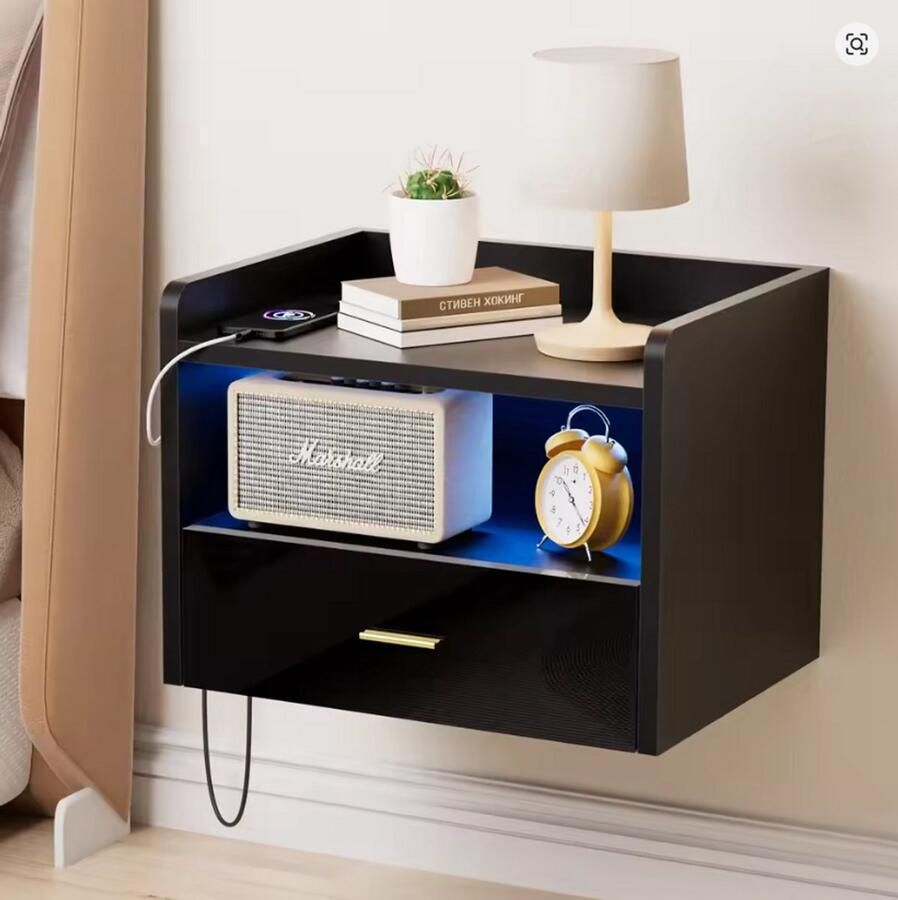 Zwevend Nachtkastje met LED Verlichting USB & Stopcontact – Wand Nachtkastje met Lade & Afstandsbediening – Modern Zwart Design
