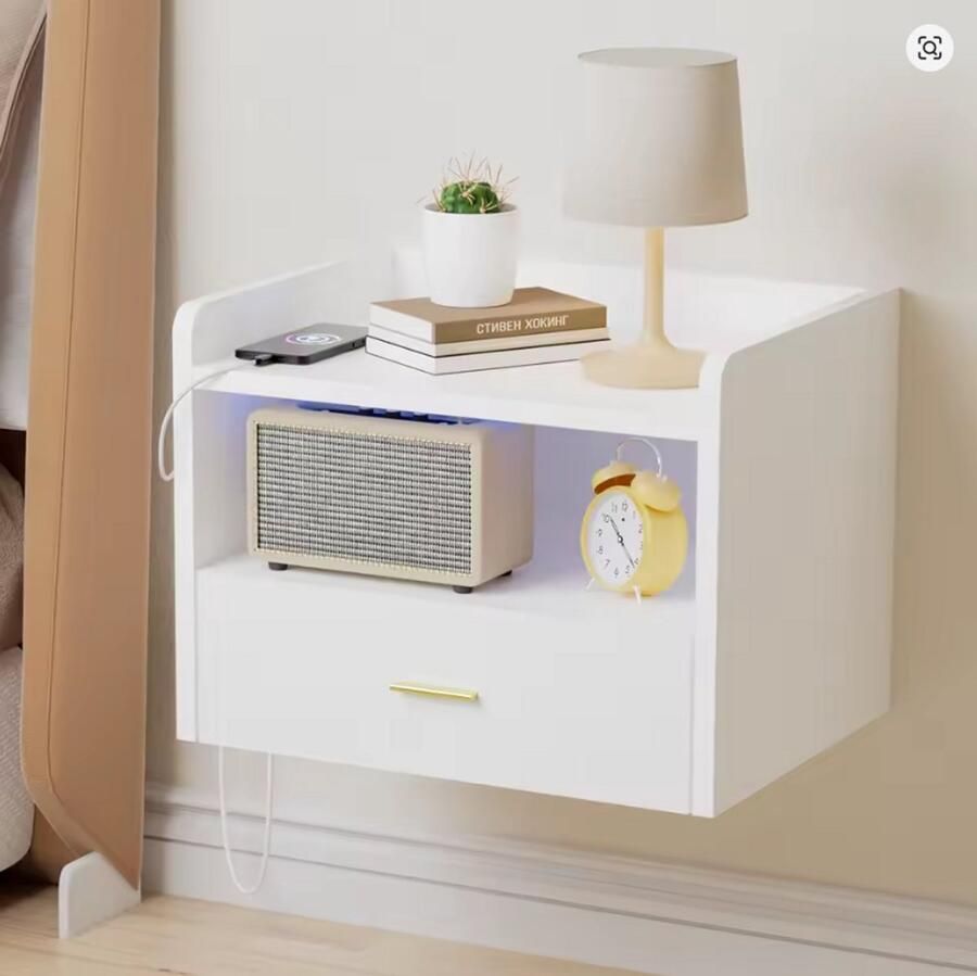 Zwevend Nachtkastje met LED Verlichting USB & Stopcontact – Wand Nachtkastje met Lade & Afstandsbediening – Modern Wit Design