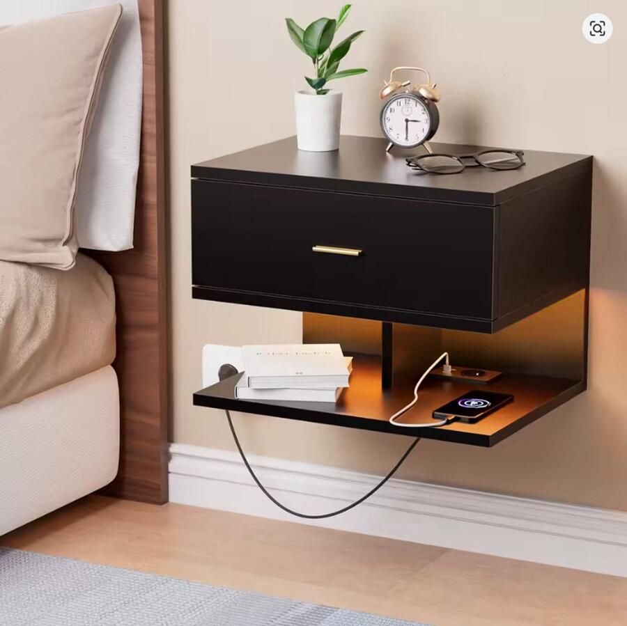 Zwevend Nachtkastje met LED Verlichting USB & Stopcontact – Wand Nachtkastje met Lade & Open Plank – Modern Zwart Design