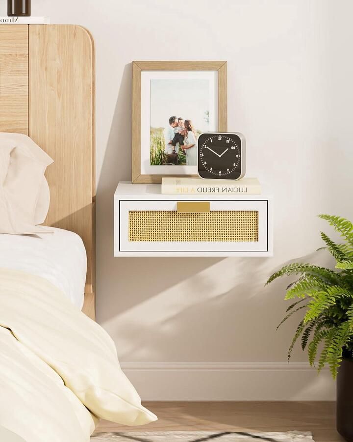 Zwevend Nachtkastje Rotan Bijzettafel Wit Hoogwaardig Materiaal