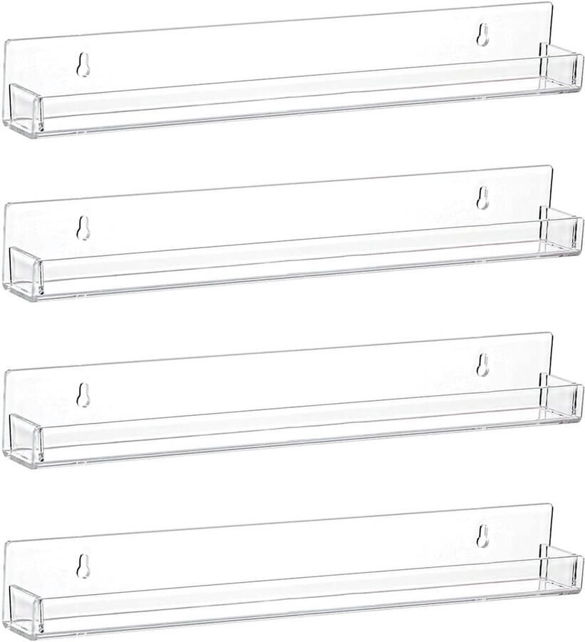 Zwevend platenrek 4-pack 38 cm wandplanken van helder acryl kamerdecoratie voor slaapkamers woonkamers en badkamers perfect voor het tentoonstellen en organiseren van boeken foto's en cosmetica